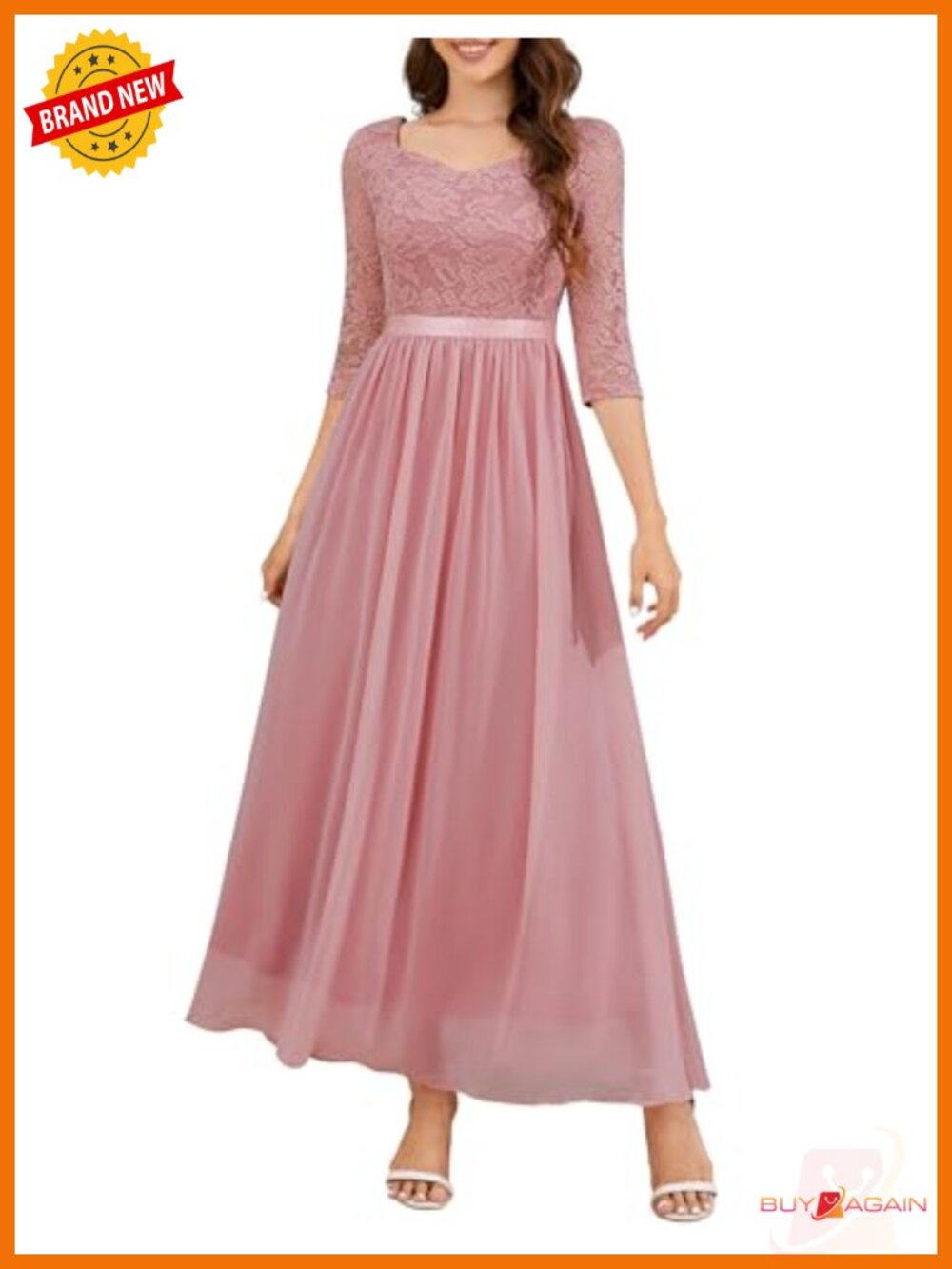 Formal Lace 3/4 Sleeve Empire Waist Maxi Evening Gown Bridesmaid Dress